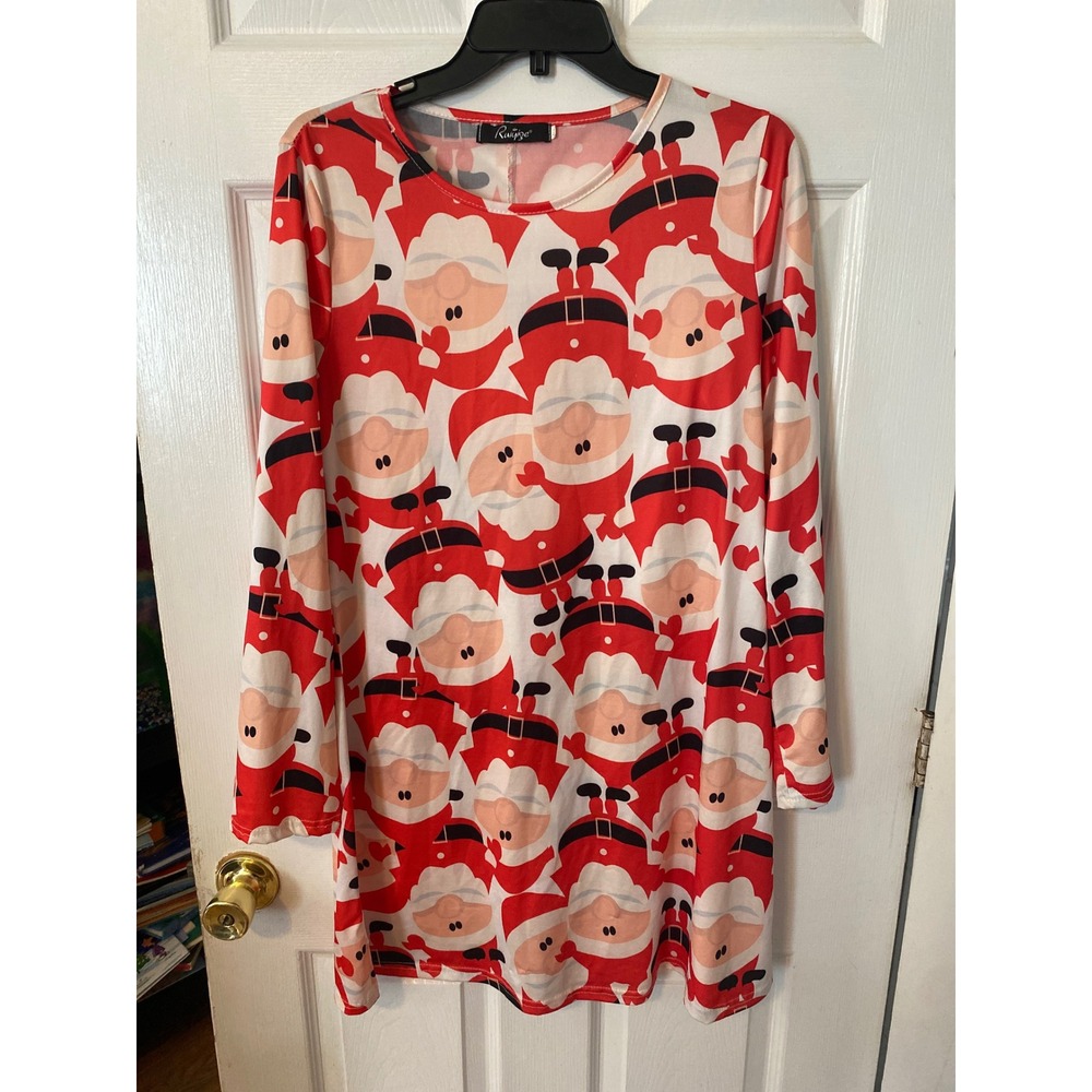 Ruiyige Santa Claus Print Christmas Dress Long Sleeve Red White XL